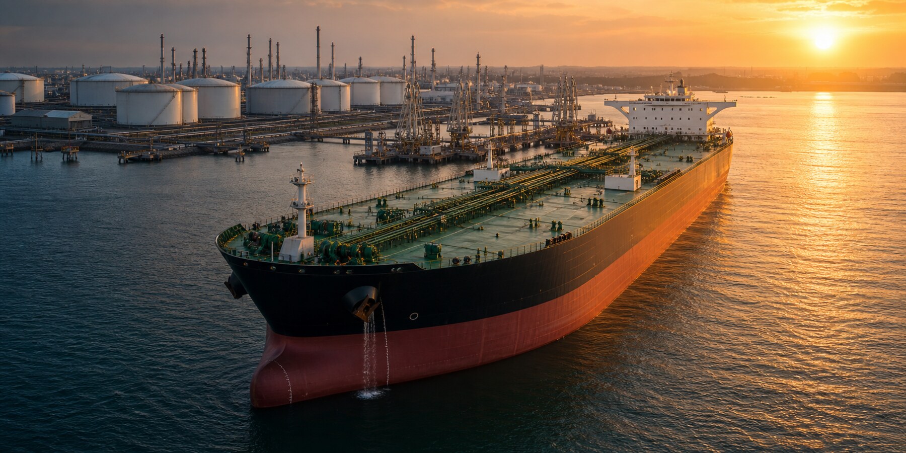 Crude oil tanker at a modern industrial port