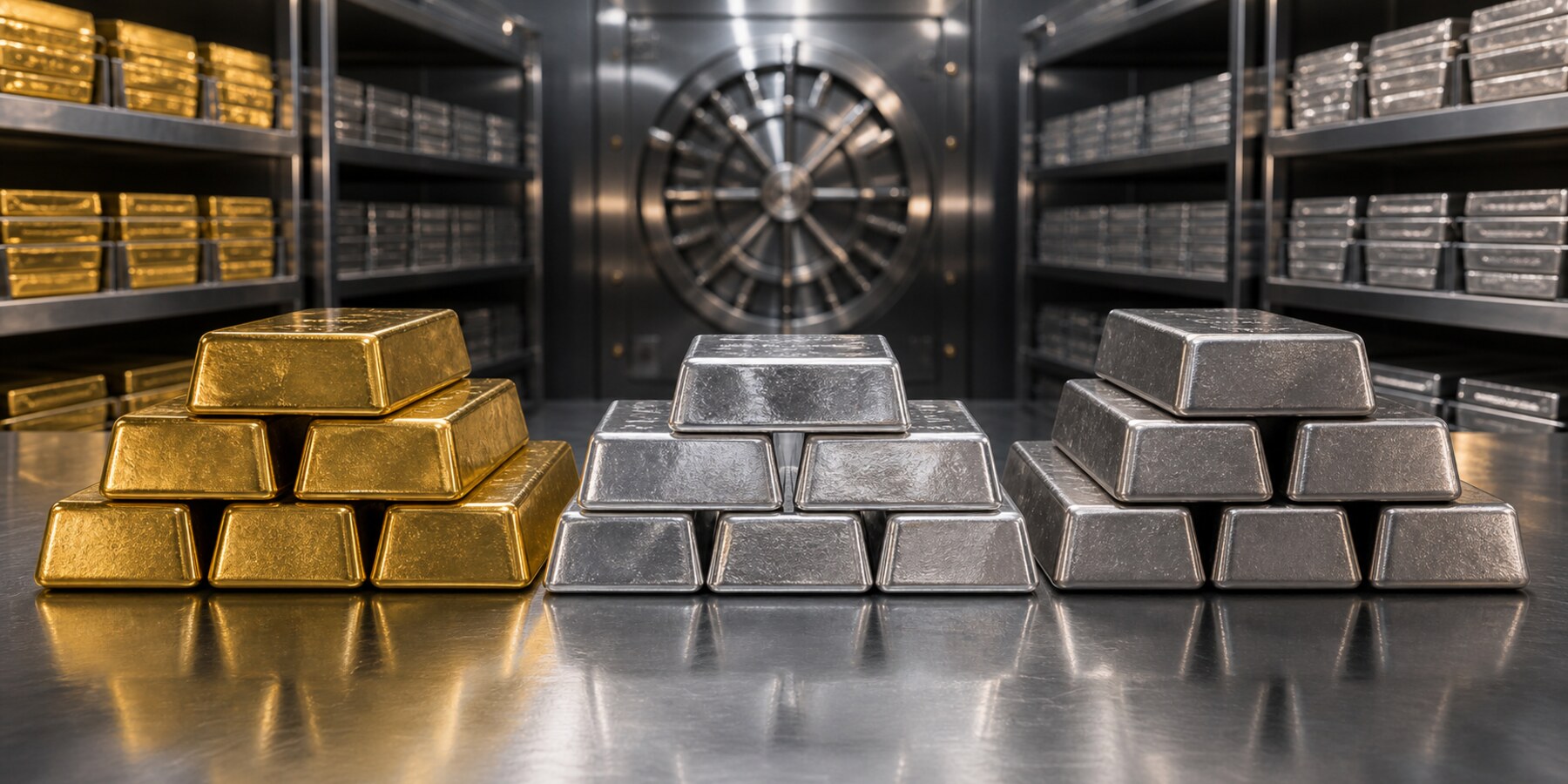 Gold, silver, and platinum bars in a secure cleanroom vault
