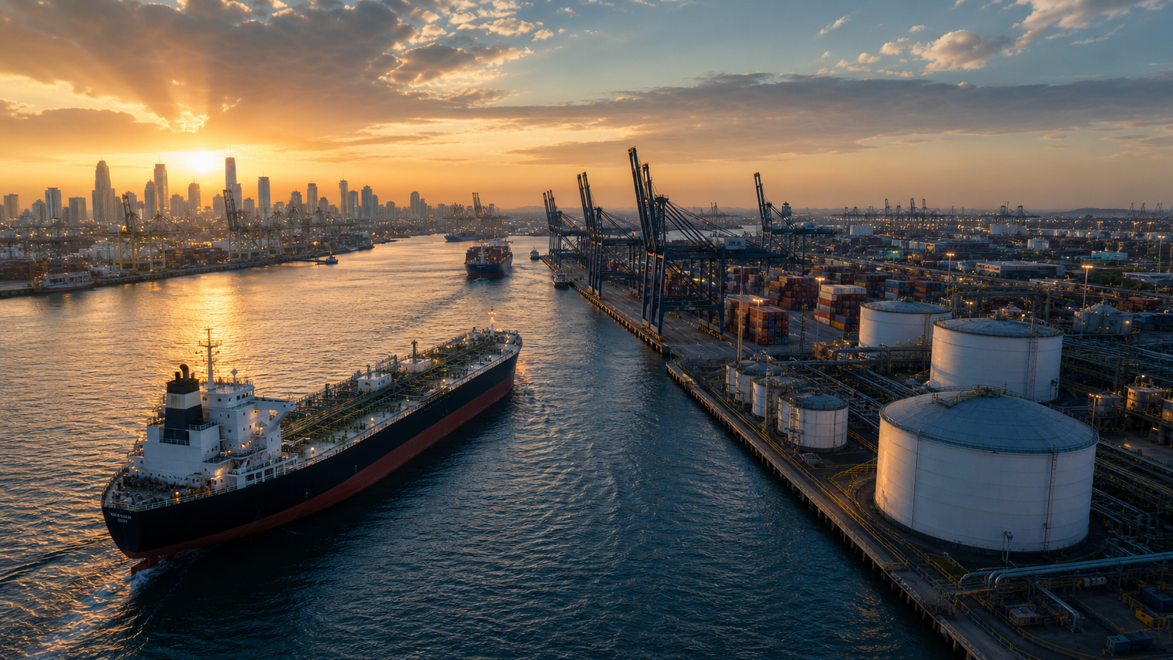 Global oil and gas trading network at an international port